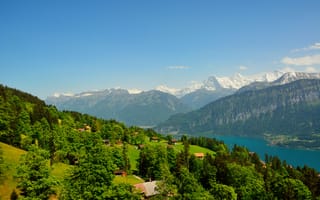 Картинка Швейцария, Beatenberg, деревья, горы, домики, река
