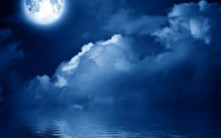 Картинка ночь, небо, луна, море, облака