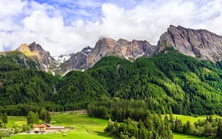 Картинка Италия, Piazza, лес, домик, деревья, поля, горы