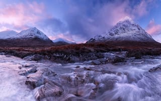 Картинка Шотландия, горы, течение, River Coupall, вечер, река, камни, снег