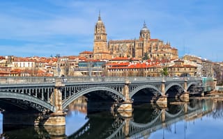 Картинка Саламанка, мост, собор, река, Испания, Тормес, дома