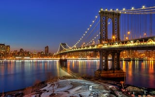 Картинка Соединенные Штаты, небо, зеркало, ночь, Манхэттенский мост, отражение, огни, Нью-Йорк