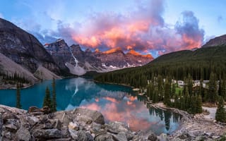 Картинка горы, озеро, Канада, закат, лес