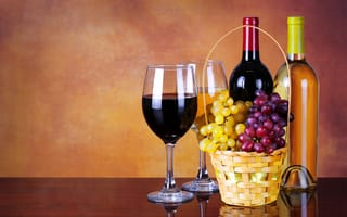 Картинка корзина, бокалы, вино, бутылки, виноград