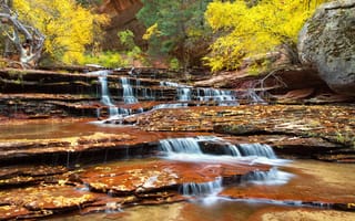 Картинка скалы, деревья, осень, ручей, река, каскад