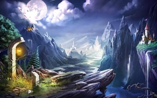Картинка Trine 2, замок, пейзаж, луна, арка, обрыв, река, фонарь, скалы, горы