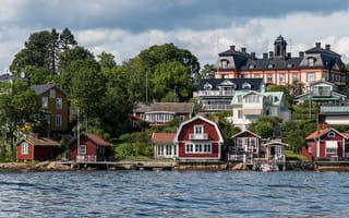 Картинка Швеция, берег, Vaxholm, деревья, река, дома
