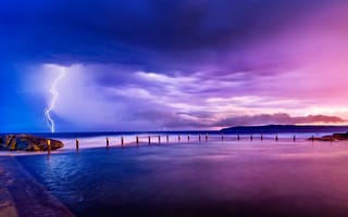 Картинка Lightning, Sky, Clouds, Water, Nature, Beauty, Purple, Sea