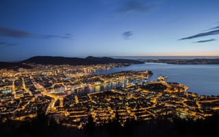 Картинка Норвегия, вечер, огни, горизонт, залив, Берген, небо
