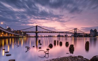 Картинка город, США, река, закат, мост