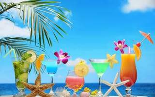 Обои tropical, море, paradise, пляж, fruit, beach, sea, fresh, фрукты, коктейль, summer, cocktail, drink