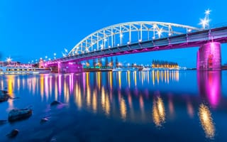 Картинка Нидерланды, мост, Arnhem, огни, вечер, фонари, теплоходы, река, берег