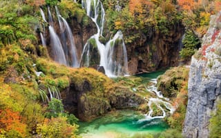 Картинка водопад, пейзаж, лазурь, горы, водопады, каскад, природа, осень