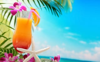Картинка tropical, cocktail, пальмы, море, palms, vacation, коктейль, пляж, paradise, summer, drink, beach, sea