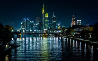 Картинка Frankfurt, Germany, Buildings, Tree, Light, Bank, Skylilne, Bridge, River, Reflection, Night
