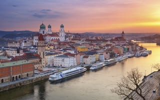 Картинка Пассау, река, дома, собор, Германия, Бавария, Дунай