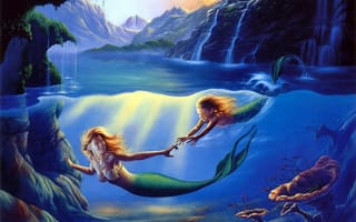 Обои Mother and Child, mermaid, cave, painting, art, sea, Jim Warren