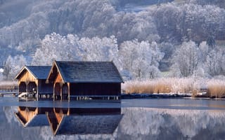 Картинка Германия, зима, берег, озеро, домик