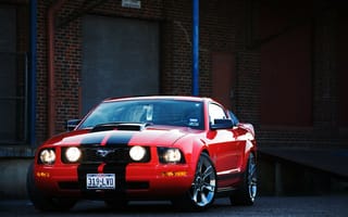 Обои Ford, red, форд, мускул кар, мустанг, красный, спортивные полосы, Mustang