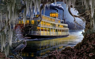Картинка Roberta Wesley, цапля, река, арт, пароход, Night on the River