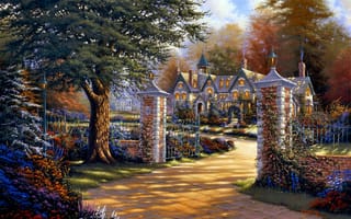 Обои Derk Hansen, арт, дом, забор, цветы, дерево, ворота
