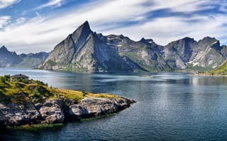 Картинка фьорд, дом, горы