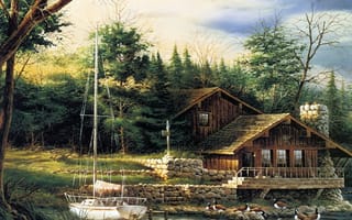 Картинка Terry Redliner, Summer, яхта, лес, рисунок, дом, Changing Seasons