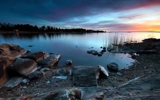 Картинка закат, озеро, пейзаж, камни