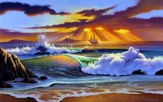 Картинка Jim Warren, живопись, море, закат