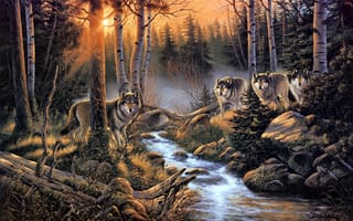 Картинка арт, природа, стая, ручей, лес, волки