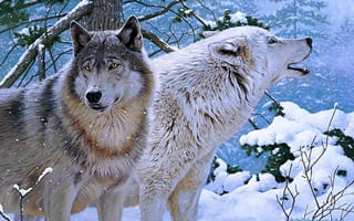 Картинка Rod Lawrence, зима, живопись, волки