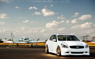 Картинка Nissan, ниссан, взлётная полоса, самолёт, white, Skyline, скайлайн, белый, V36