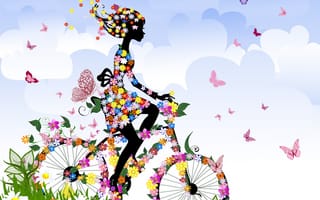 Картинка девушка, облака, силуэт, бабочки, цветы, велосипед, небо, трава, лето