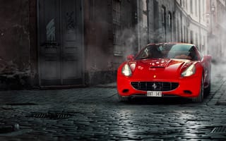 Картинка Ferrari, переулок, red, красная, феррари, California, брусчатка, front