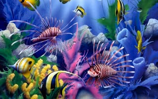 Картинка Lions of the Sea, fish, corals, painting, underwater world, David Miller, colorful