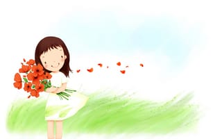 Картинка детские, улыбка, ветер, цветы, букет, трава, платье, лепестки, девочка