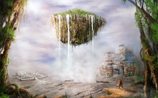 Картинка арт, остров, by cloudminedesign, фантастика, baldumir, горы, джунгли, человек, летающий