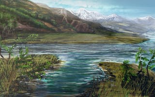 Картинка арт, горы, растения, снег, река, природа, рисунок, холмы