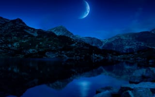Обои ночь, небо, горы, луна, камни, природа, озеро