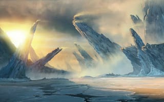 Картинка Lost Planet 3, скалы, лед, снег, ветер, море, рассвет, пейзаж, вода, concept art, глыбы
