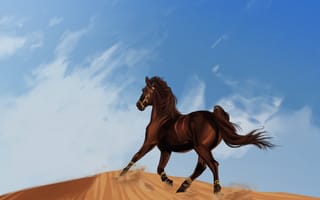 Картинка арт, бег, мустанг, песок, дюна, вороной, лошадь, пустыня, конь