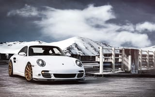 Картинка Porsche, порше, горы, 997, front, белый, white, Turbo, 911