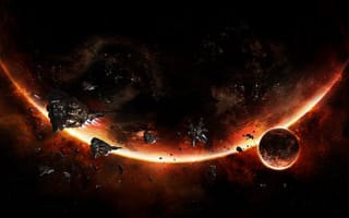 Картинка космические корабли, армада, флот, EVE online, астероиды, планеты, свечение, огненный