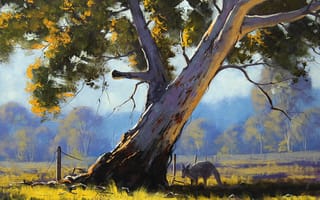 Картинка арт, природа, artsaus, ветки, забор, австралия, дерево, животное, кенгуру