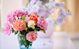 Картинка цветы, розовый, вазочка, вода, букет, оранжевый