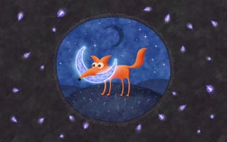 Картинка лиса, месяц, ночь, светлячки, луна
