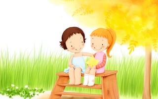 Картинка детские, трава, листва, улыбки, цветы, девочки, дерево, дети, звезда