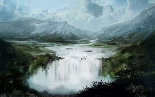 Картинка арт, скалы, водопад, природа, облака, вода, река, горы