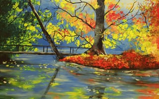 Обои арт, деревья, мост, природа, осень, река, Basicsspace