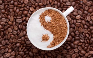 Картинка кофе, зерна, чашка, сахар, инь-ян, гранулы